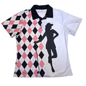 Women's Golf Polo Shirt Pink Black Argyle Pattern Size M